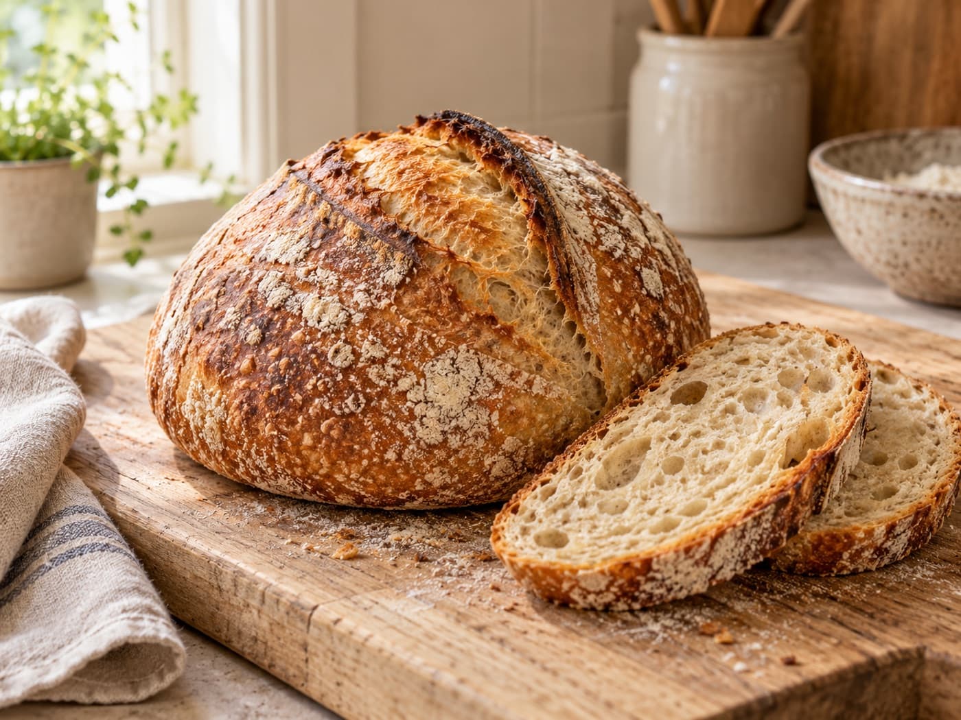 Golden sourdough loaf and slices with an airy crumb on a wooden board
